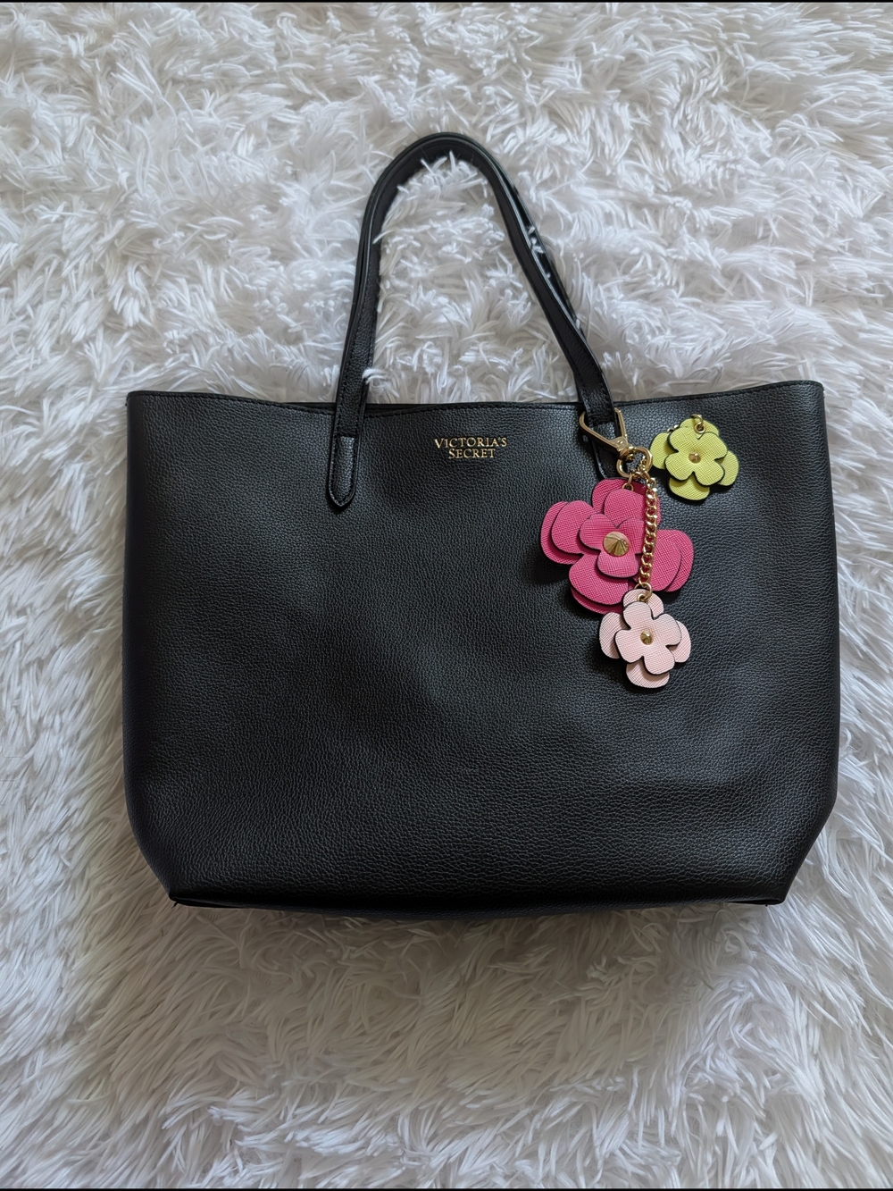 Victoria's Secret Black Small Tote Bag with Pink Floral Charm